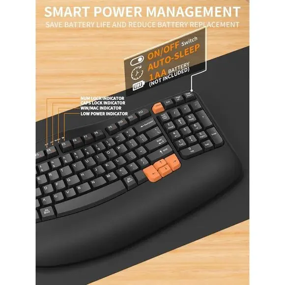 RECCAZR Ergonomic Wireless Keyboard with Wrist Rest, Wave Keys for Comfortable N - Picture 5 of 7